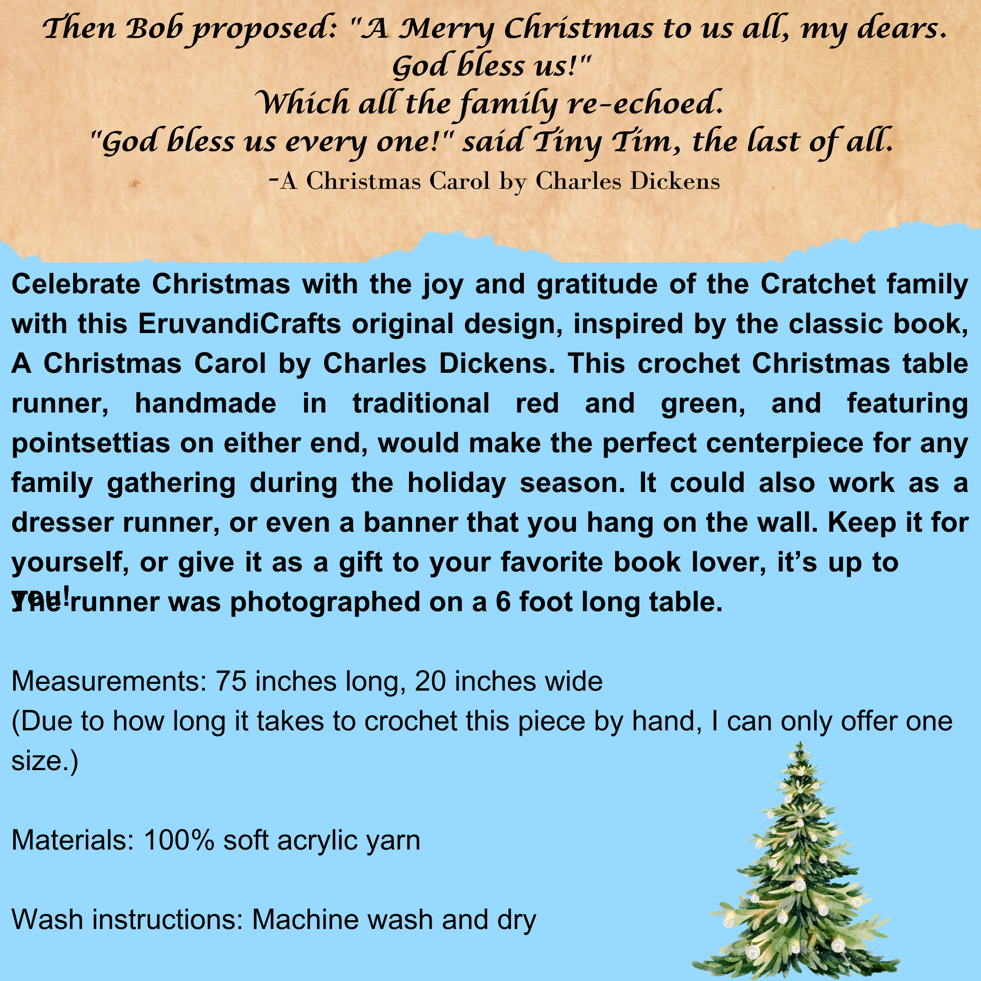 A graphic describing the dimentions and details of the table runner. This information is also in the listing description. A graphic describing the dimentions and details of the table runner. This information is also in the listing description.